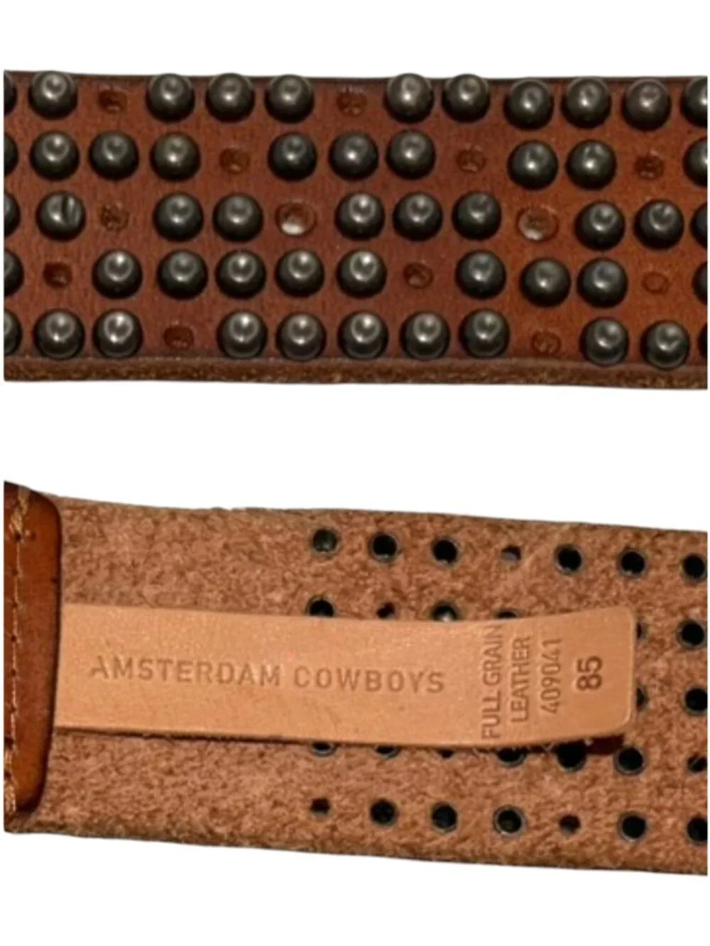 Amsterdam Cowboys Full Grain Leather Studded Boho Belt Caramel Size 85 Wide
